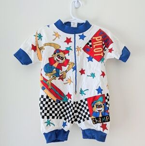 NWT Vintage 90s Tots Fifth Avenue Surfing Monkey Pilot Champ Stars Romper 18M